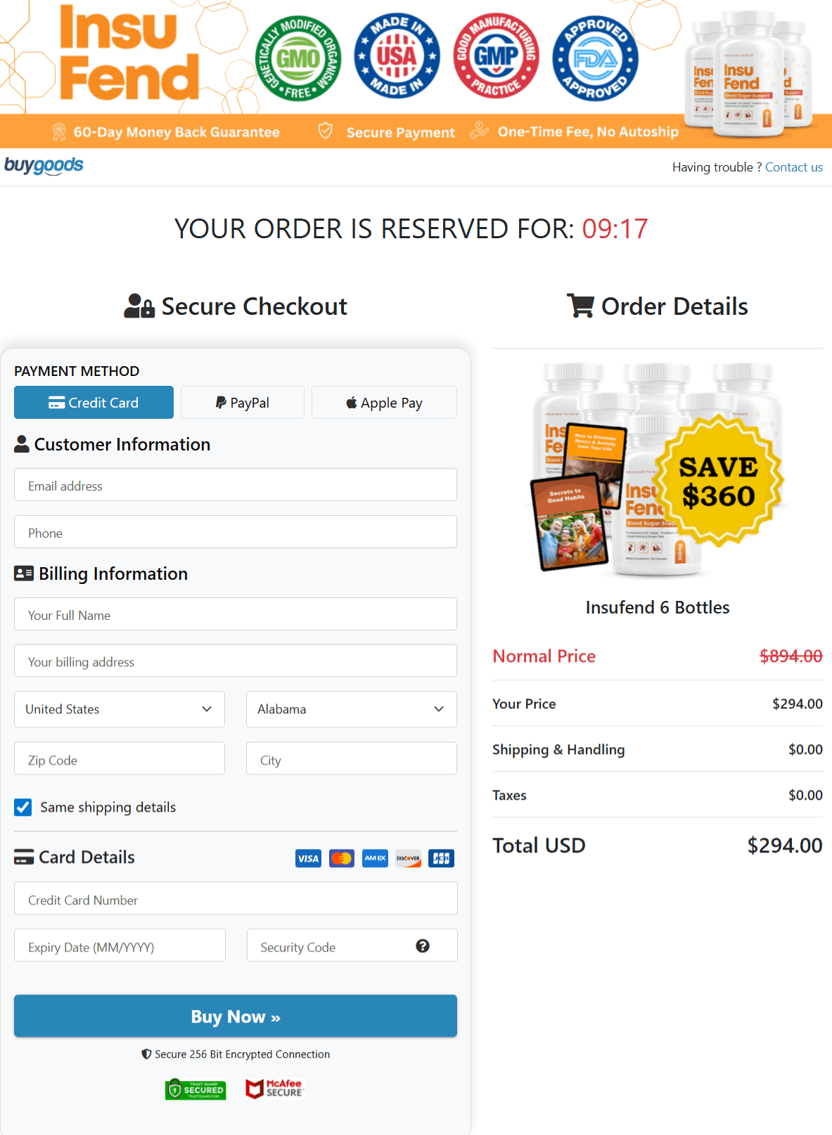 InsuFend Checkout page